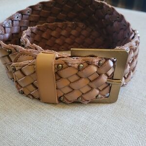 Cabi Weave It To Me Belt #363 Size SM Brown Tan leather Woven Stud Embellished